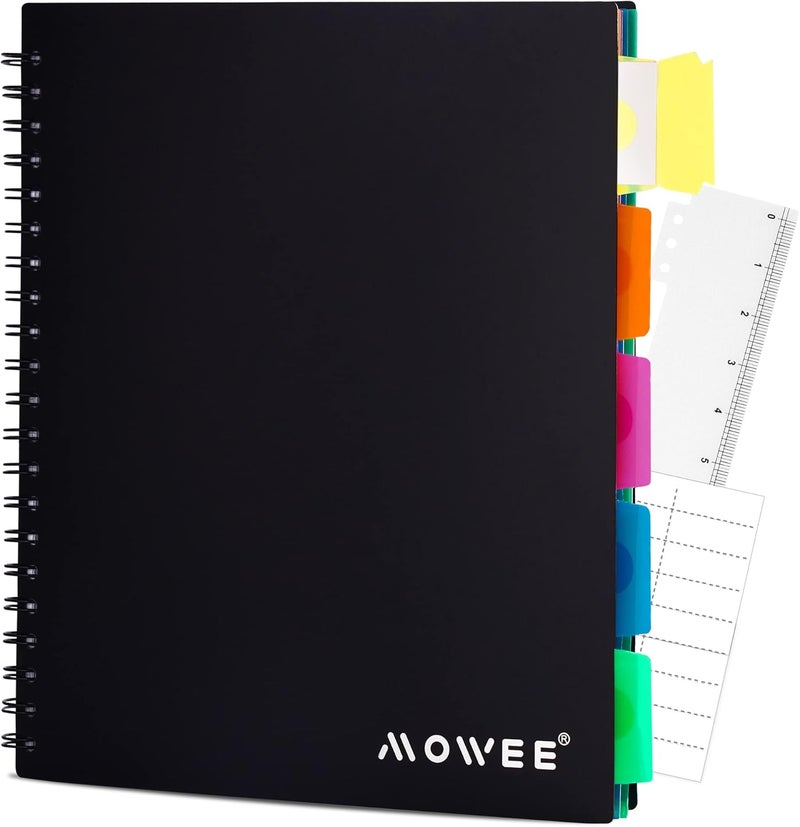 MOWEE Spiral Notebook - 5 Subject Notebook, College Ruled Notebook With Dividers Pocket, Tabs Label, 11" Ruler, 200 Pages, for Writing Journal, Home & Office, School Supplies, 8.5''x11''Black - Image 1